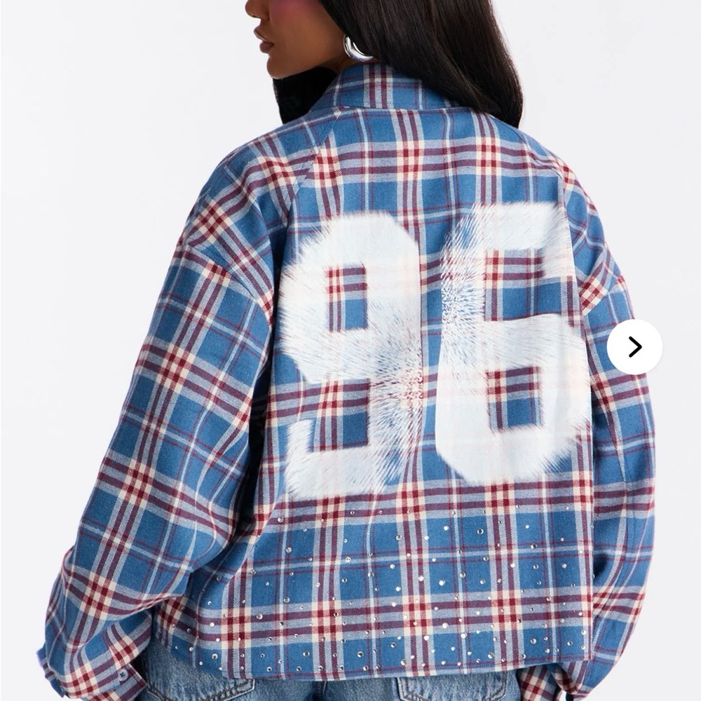 96 Vintage Fantasy Rhinestones Plaid Long Flannel - Blue/combo